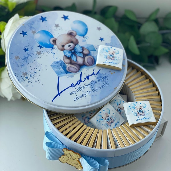 Boîte de chocolats personnalisée sur le thème de l'ours en ballon, cadeaux de bienvenue pour baby shower, cadeaux personnalisés pour bébé garçon, chocolat pour nouveau-né, cadeaux de baptême garçon
