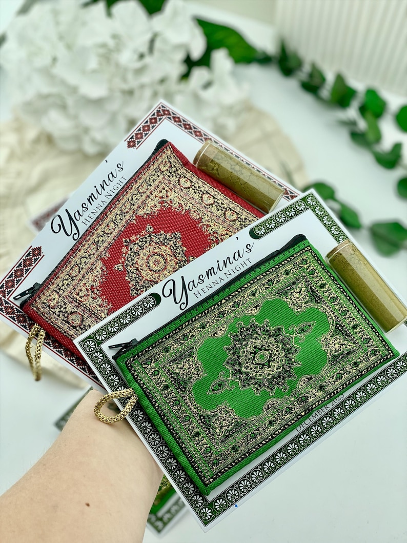 Three favor sets are shown, featuring mini wallets in red, green, and beige patterns, each with a henna tube and a personalized card.