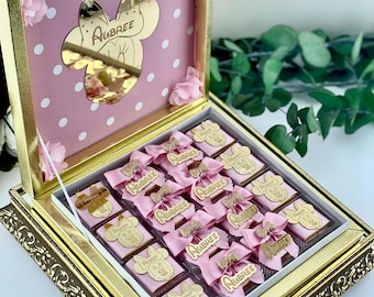 Boîte de chocolats Minnie, étiquettes de faveur de baby shower, nom en acrylique
