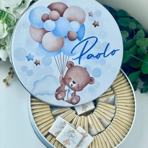 Scatola di cioccolatini personalizzata a tema orsetto palloncino, regali di benvenuto per baby shower, bomboniere personalizzate per neonati, cioccolatini per neonati, bomboniere per battesimo maschietto