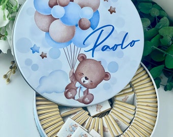 Scatola di cioccolatini personalizzata a tema orsetto con palloncini, regali di benvenuto per il baby shower, bomboniere personalizzate per neonati, cioccolato neonato, bomboniere per battesimo ragazzo