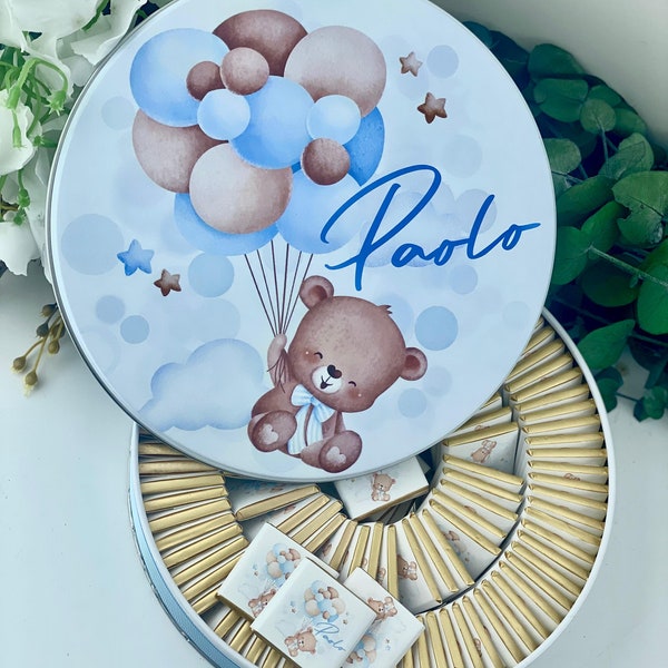 Boîte de chocolats personnalisée sur le thème de l'ours en ballon, cadeaux de bienvenue pour baby shower, cadeaux personnalisés pour bébé garçon, chocolat pour nouveau-né, cadeaux de baptême garçon