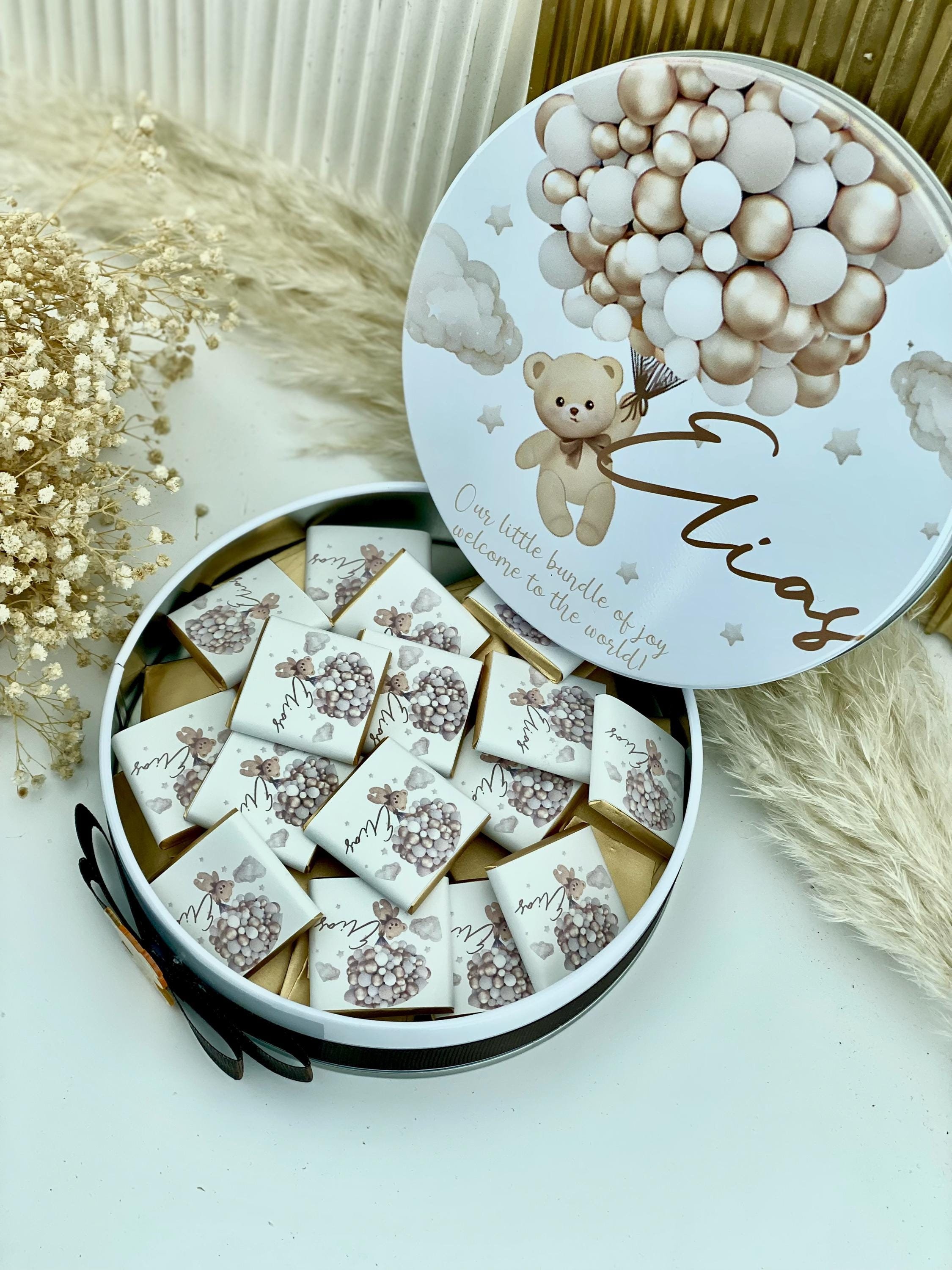 Balloon Brown Bear Personalized Chocolate Box, Welcome Baby Shower Gifts, Custom Baby Boy Favors & Baptism Treats, Newborn Chocolate