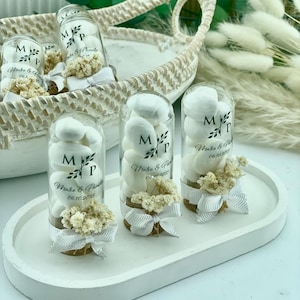 Personalized Jordan Almond Wedding Favor, Candy Glass Jar Gift for Guests, Rustic Engagement or Save the Date Favor with Bow