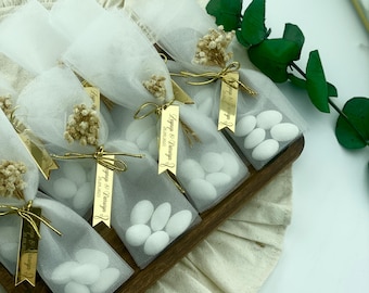 Personalized Wedding Favors with Jordan Almonds Candy, Dried Flowers & Tulle