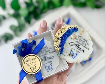 Dark Blue Butterfly Quinceanera Favors: Personalized Epoxy Magnet, Sweet 16 Birthday