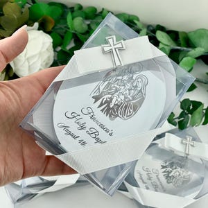 Personalized First Holy Communion Favor with Cross – Custom Baptism or Christening Gift Box, Acrylic Religious Keepsake for Guests