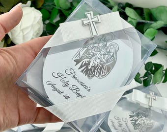 Recuerdos personalizados para bautizos: recuerdo en forma de cruz, regalos de bautismo, primera comunión.
