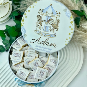 Scatola di cioccolatini personalizzata a tema carosello - Bomboniere per baby shower, regali personalizzati per neonati maschi, cioccolatini per neonati, bomboniere per battesimo maschi