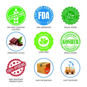 May include: A collection of nine colorful circular and square icons representing certifications and guarantees for food products. The icons include: Gluten-Free, FDA Approved, Halal Food, Kosher Certified, GMO Free, 100% Hygienic Production, Safe Packaging, and Fast Delivery.