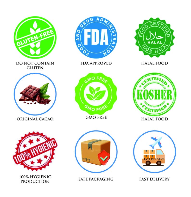 May include: A collection of nine colorful circular and square icons representing certifications and guarantees for food products. The icons include: Gluten-Free, FDA Approved, Halal Food, Kosher Certified, GMO Free, 100% Hygienic Production, Safe Packaging, and Fast Delivery.
