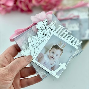 Gepersonaliseerde Minnie Mouse-fotolijstmagneet: bedankjes eerste verjaardag
