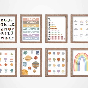 Paquete de 8 carteles educativos, impresiones educativas, emociones, alfabeto, conteo, clima, sistema solar, planetas, sala de juegos, descarga instantánea