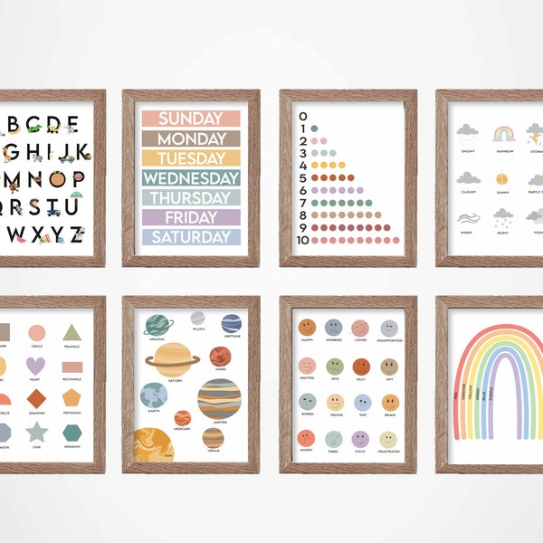 8 Educational Posters Bundle, educational prints, emotions, alphabet, counting, weather, solar system, planets, playroom, instant download