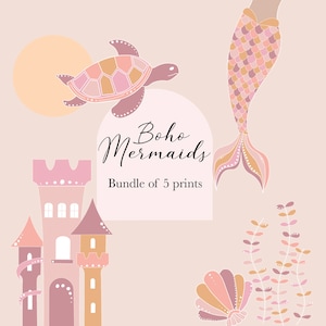 5 Boho Mermaid prints, Boho print, mermaid print, under the sea, nursery print, girls bedroom, print, instant download