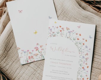 Wildflower Baby Shower Invitation Template, Boho baby shower invitation, Baby in Bloom Invitation, Butterfly Baby Shower Invitation Girl, W1