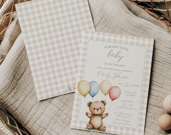 Boho Baby Bear Shower Invitation Template: Editable Canva Card (Digital Download), B1