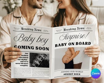 Baby announcement newspaper, Newspaper pregnancy announcement, Canva template