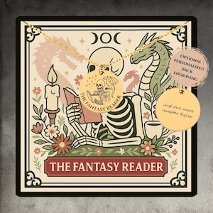 The Fantasy Reader tarotketting, aangepaste romantiek cadeau voor boekenliefhebber, aangepaste schoolse sieraden cadeau, fantasie hanger, 18k skelet cadeau