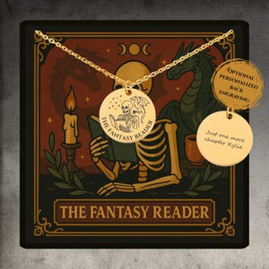 The Fantasy Reader tarotketting, gepersonaliseerde fantasiehanger, aangepaste romantiek cadeau voor boekenliefhebber, leesgrage sieraden cadeau, skelet cadeau
