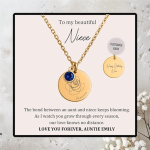 Personalized Niece Rose Name Pendant with Birthstone, Dainty Necklace from Aunt, Auntie Niece Jewelry Gift, Custom Jewelry for Birthday