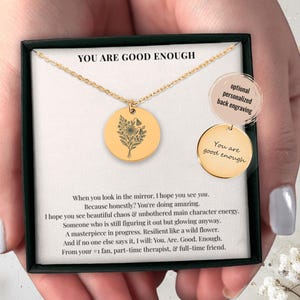 You Are Good Enough Necklace, Custom Wildflower Motivational Self-Love Gift for Best Friend, Encouragement Jewelry, Dainty Friendship Charm