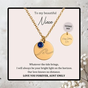 Personalized Niece Wave Initial Pendant with Birthstone, Dainty Necklace from Aunt, Auntie Niece Jewelry Gift, Custom Jewelry for Birthday