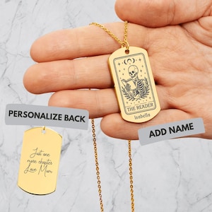 Collier nom de carte de tarot The Reader, collier squelette en or personnalisé, collier rat de bibliothèque, collier fait main pour amoureux des livres, cadeau délicat pour les amoureux des livres