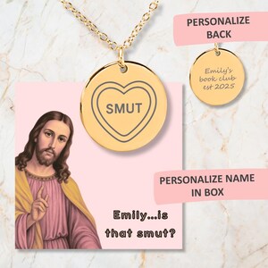 Collar de corazón personalizado "Peeking Jesus Smut", ¿Es eso obscenidad?, Lector de romance, Regalo picante para el club de lectura, Joyería para el club de lectura obscena, Mi collar favorito
