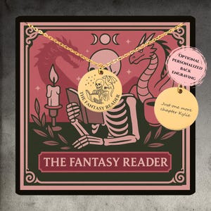 The Fantasy Reader tarotketting, aangepaste fantasiehanger, aangepaste romantiek cadeau voor boekenliefhebber, leesgrage sieraden cadeau, 18k skelet cadeau