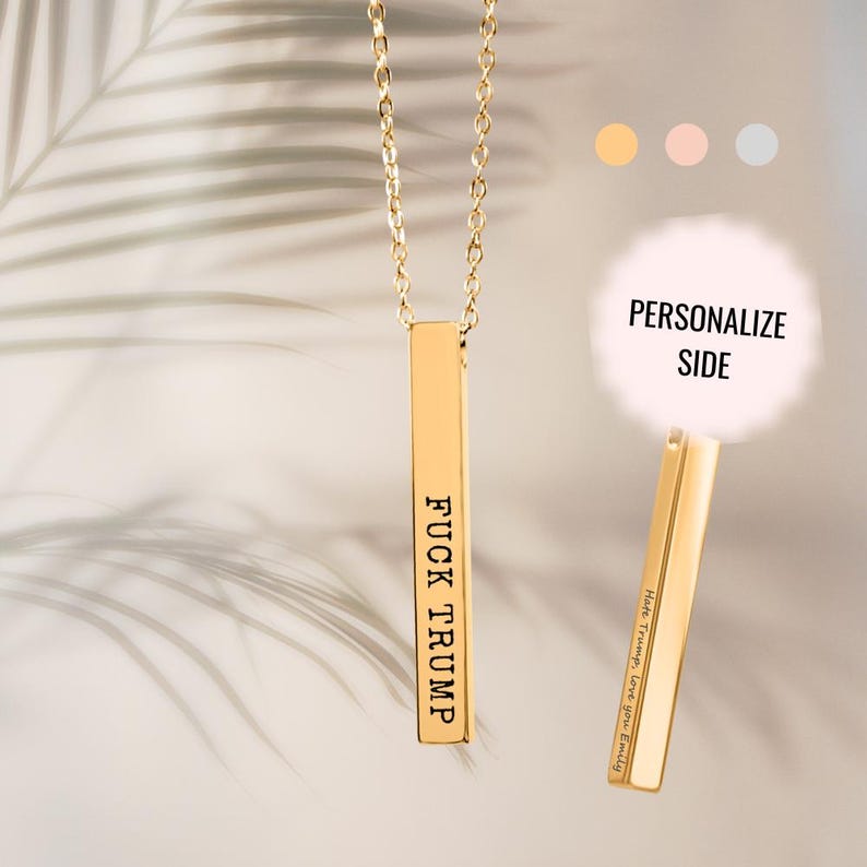 FUCK TRUMP Bar Necklace, 18k Gold Fuck Trump Jewelry, Silver Custom Subtle Anti Trump Gift for Democrat, Liberal Fine Jewelry, Feminist Gift image 2