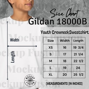 May include: Size chart for Gildan 18000B Youth Crewneck Sweatshirt. The chart shows sizes XS through XL with corresponding width and length measurements in inches.