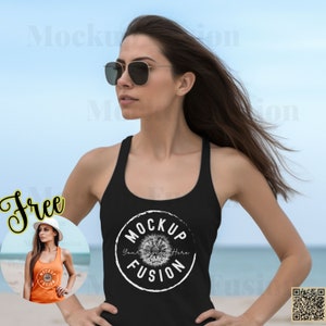 May include: A black tank top with a white circle graphic that says "MOCKUP FUSION" and has a dandelion design inside the circle. The text "Your Design Here" is written inside the circle.