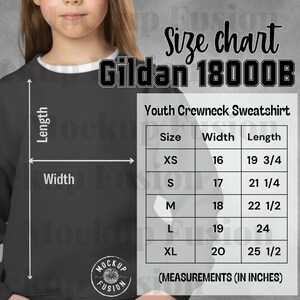 Black Youth crewneck sweatshirt size chart, Youth sweater sizing,Sweatshirt sizing Gildan,Model Sizing,Unisex Sweater Size Guide,SizeChart
