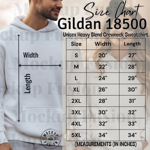 Gildan 18500 white Hooded sweater Size Guide,Hoodie sizing Gildan,Model Sizing,Unisex Hooded sizing,Crewneck Hoodie Sizing,SizeChart