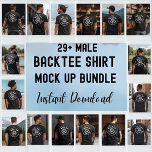 Puede incluir: Una colección de imágenes que muestran la parte trasera de una camiseta negra con un logotipo circular "MOCKUP FUSION". Las imágenes son de varios hombres en diferentes entornos. El texto central dice "29+ MALE BACKTEE SHIRT MOCK UP BUNDLE Instant Download."