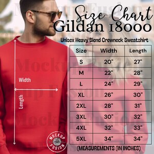 Gildan 18000 Red Sweater Size Guide, Crewneck Sweatshirt Sizing,Model Sizing,G18000 Front Chart,size chart sweater,Unisex Sweater sizing