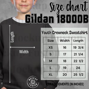 Black Youth crewneck sweatshirt size chart, Youth sweater sizing,Sweatshirt sizing Gildan,Model Sizing,Unisex Sweater Size Guide,SizeChart