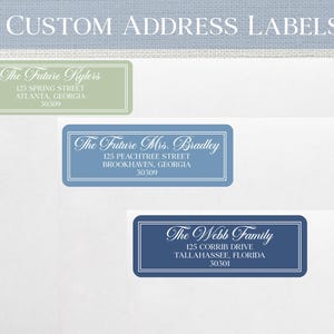 May include: Custom address labels with elegant text. The labels are in various colors, including green, blue, and navy. Each label displays a name, address, and city, state, and zip code. The text "CUSTOM ADDRESS LABELS" is at the top.