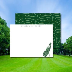 May include: White stationery with a green golf bag illustration and the name "WILLIAM B. COUEY" in a serif font. The background features a green golf course design and a golf course scene.
