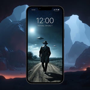 May include: A dark blue iPhone screen displaying a lock screen with the time 12:00 and the date Monday, January 1. The background is a dark blue sky with a bright moon and three flying saucers. A man in a trench coat and fedora is walking down a dirt road.