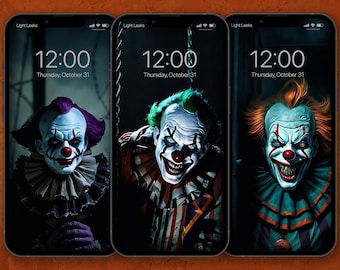Può includere: Tre schermate di telefono diverse con un'immagine di un clown inquietante su ciascuna. Il clown ha un naso rosso, la faccia dipinta di bianco e un ampio sorriso con i denti. L'ora su ogni schermo è le 12:00 e la data è giovedì 31 ottobre.