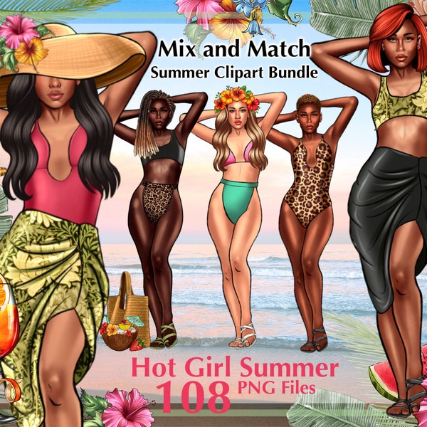 Build your Own Beach Girls Clipart Set, Summer Girls Clipart, Fashion Girl Clipart, Hair Clipart, Mix and Match Customizable Beach Girl
