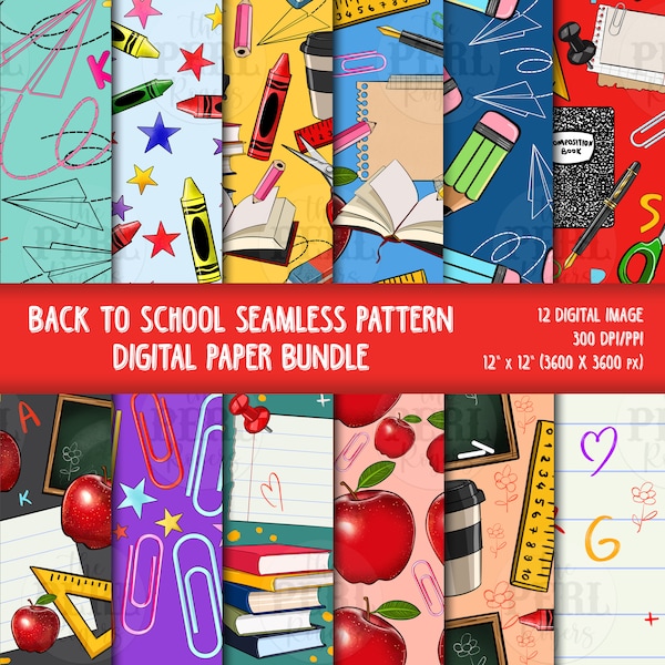 Back To School Seamless Pattern Digital Paper Png Bundle, School Seamless Pattern, School Scrapbook Papers, School Png, Digital Paper Png