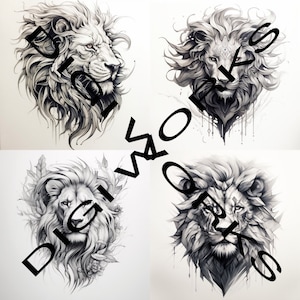 May include: Four black and white lion head illustrations. Each lion has a different mane style and facial expression. The lions are drawn in a realistic style with detailed shading.