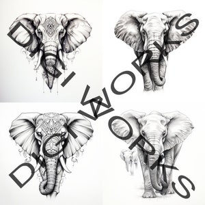 May include: Four black and white drawings of elephants. The top left elephant has intricate patterns on its head and body. The top right elephant has a more realistic look. The bottom left elephant has intricate patterns on its head and body. The bottom right elephant has a more realistic look and is walking with two other elephants behind it.