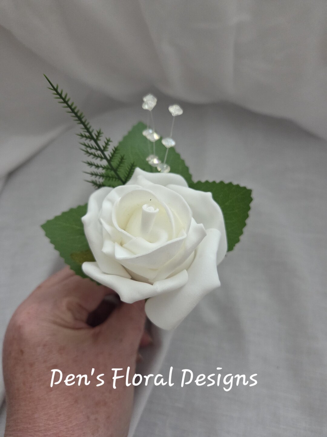 Spray Roses Buttonhole Wedding Artificial Single White Rose Buttonhole Crystal Spray & Foliage ...