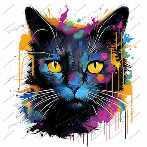 Colorful and cute cat head, splash rendering sticker png, color cat head printable, cat head sticker. cricut PNG file