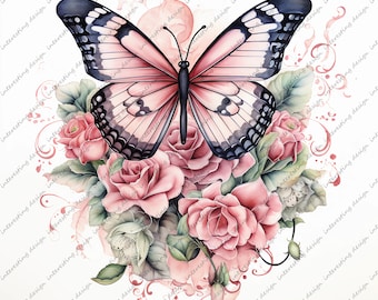 rose and butterfly png, butterfly png, rose clip art, butterfly clip art, rose png, sublimation design, watercolor