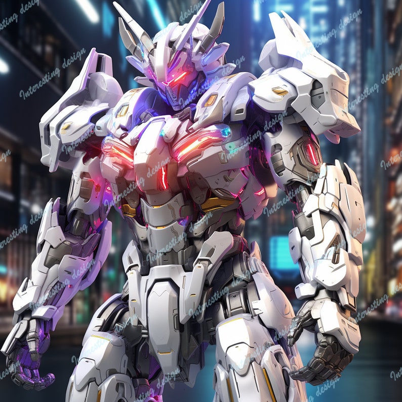 May include: A white and gray robot with glowing red and blue lights. The robot has a humanoid shape with a large head and a detailed body.